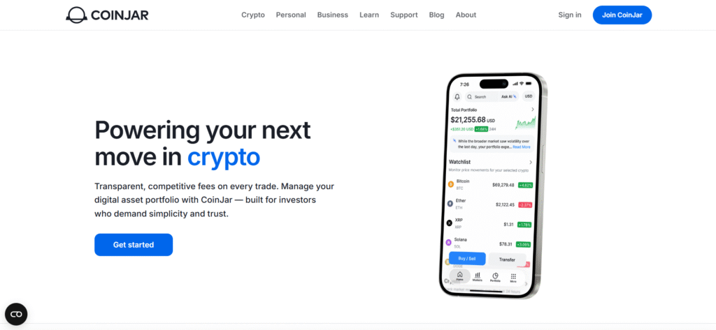 CoinJar crypto app dashboard displaying portfolio value, Bitcoin, Ethereum, XRP and Solana prices with buy and sell controls.