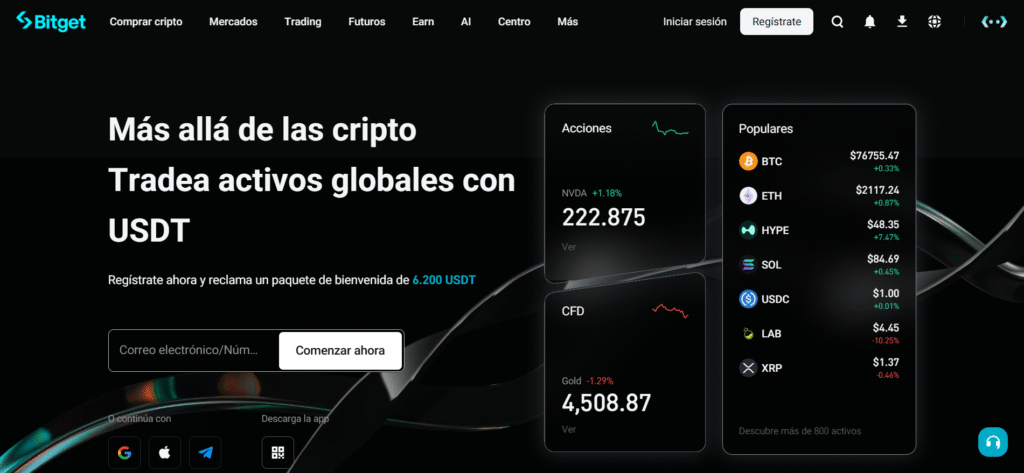 Plataforma Bitget en español con trading de activos globales con USDT, futuros, CFDs y precios en tiempo real de BTC, ETH, SOL y más de 800 activos.