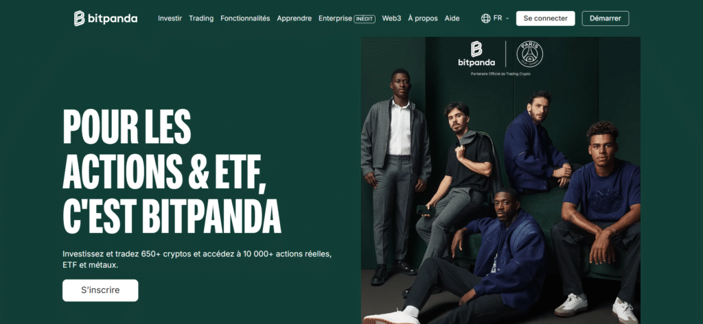 Page d'accueil de Bitpanda en français — investissement en cryptos, actions, ETF et métaux, partenaire officiel du PSG.