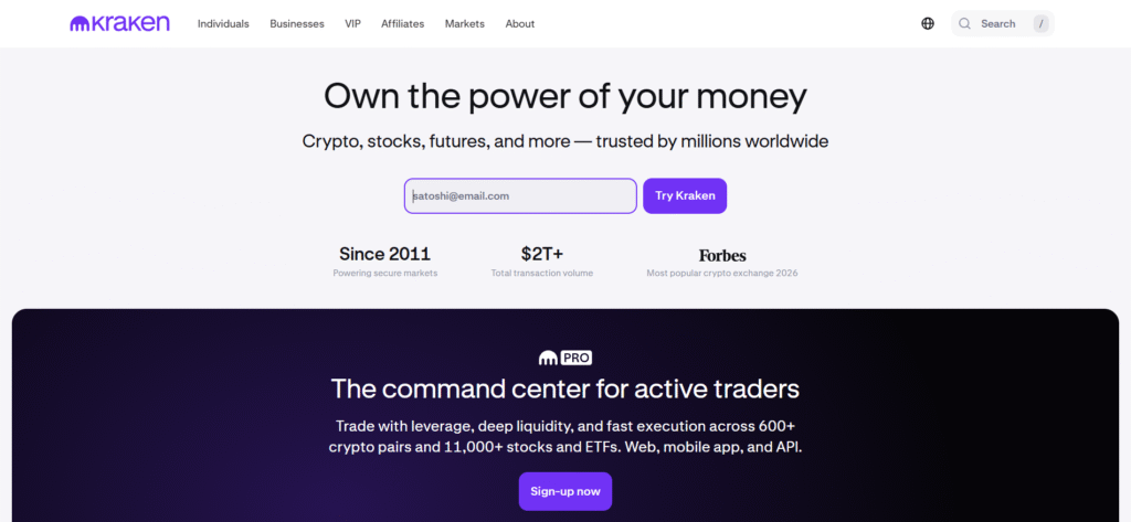 Kraken crypto exchange homepage showing $2T+ lifetime transaction volume, operating since 2011, and Forbes Most Popular Crypto Exchange 2026 badge.