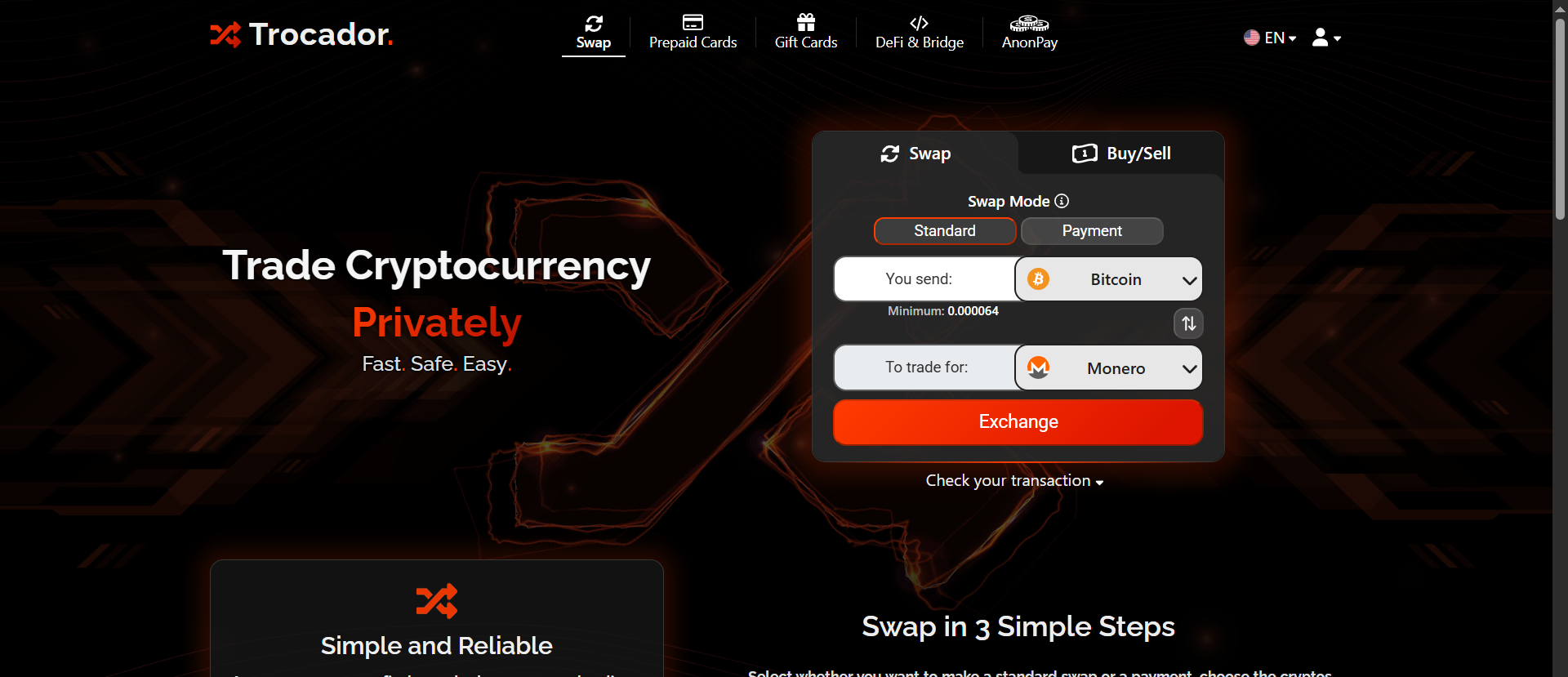 Trocador swap aggregator homepage showing live Bitcoin to Monero exchange interface with AnonPay feature for anonymous BTC to XMR rate comparison across no-KYC providers.