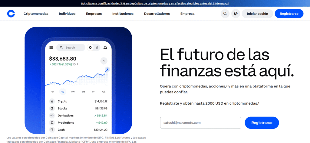 Coinbase en español: plataforma regulada con cartera integrada para criptomonedas, acciones, derivados y efectivo, con bono de bienvenida activo.