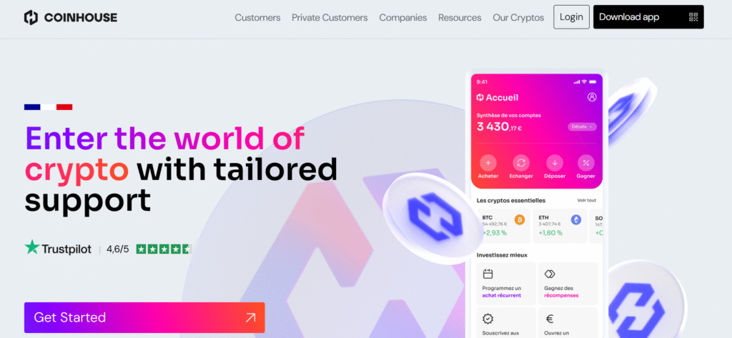 Page d'accueil de Coinhouse — exchange crypto français agréé AMF, note Trustpilot 4,6/5.