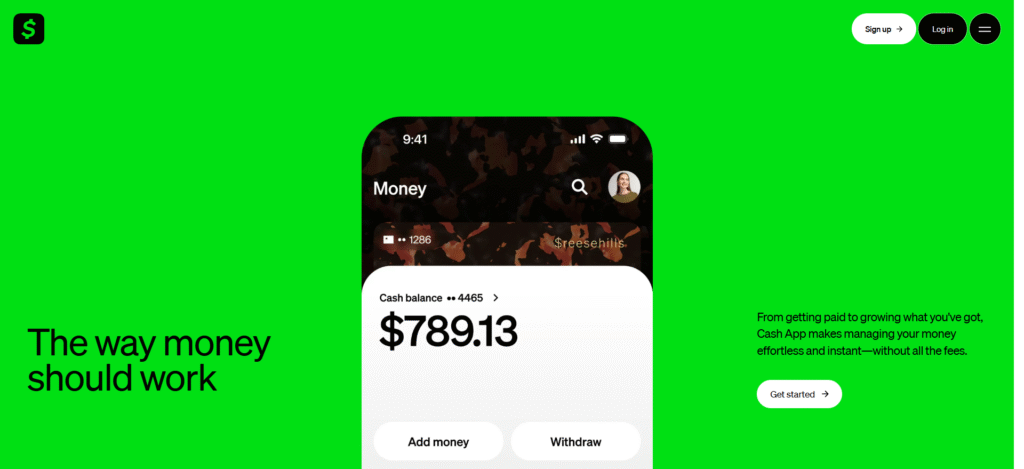 Cash App homepage with "The way money should work" tagline, mobile interface showing a $789 balance, and Bitcoin buy option for US users.
