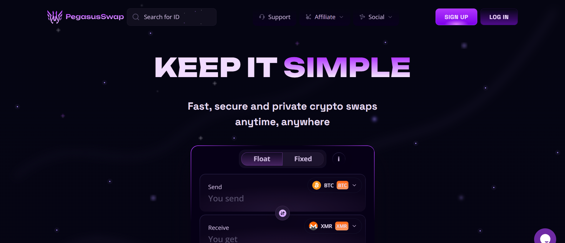 PegasusSwap private crypto swap homepage showing BTC to XMR pair selector with fixed and floating rate toggle, no KYC required.