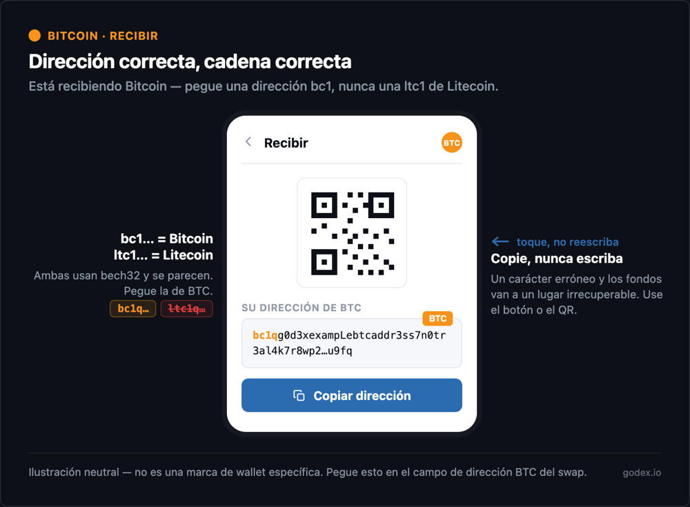 Pantalla de recepción anotada que muestra una dirección de Bitcoin bc1 y un código QR, con la advertencia de pegar una dirección de Bitcoin y no una dirección de Litecoin ltc1.