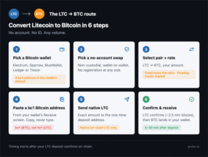 Six-step LTC to BTC swap route: pick a Bitcoin wallet, choose a no-account swap, pick pair and rate, paste a Bitcoin address, send Litecoin, confirm and receive.