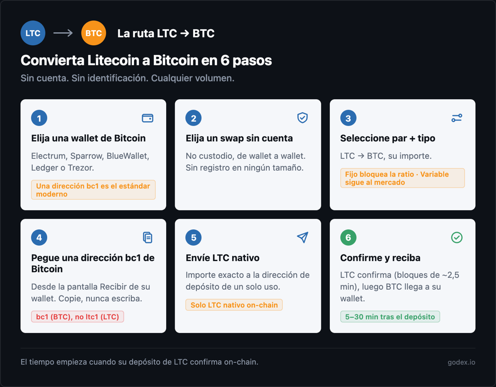 Ruta de swap de LTC a BTC en seis pasos: elija una wallet de Bitcoin, elija un swap sin cuenta, seleccione par y tipo de cambio, pegue una dirección de Bitcoin, envíe Litecoin, confirme y reciba.