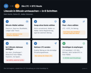 Sechsstufige LTC-zu-BTC-Swap-Route: Bitcoin-Wallet wählen, Swap ohne Konto wählen, Paar und Kurs wählen, Bitcoin-Adresse einfügen, Litecoin senden, bestätigen und empfangen.