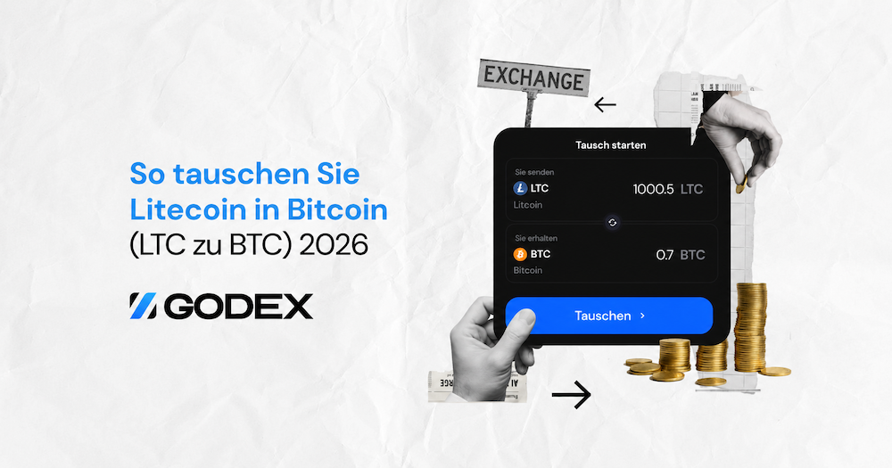 So tauschen Sie Litecoin in Bitcoin (LTC zu BTC) 2026 – Godex Exchange-Widget mit LTC-Eingabe und BTC-Ausgabe.