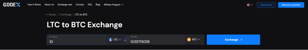 Captura de pantalla de la interfaz de intercambio LTC a BTC de Godex que muestra el campo de entrada de Litecoin, la salida estimada de Bitcoin y el botón de intercambio para un swap de criptomonedas de wallet a wallet.