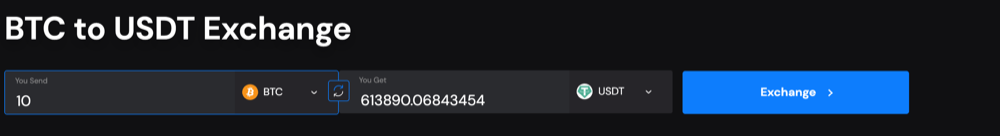 The Godex BTC to USDT exchange interface: a Bitcoin input field, a Tether output with a network selector, and an Exchange button.