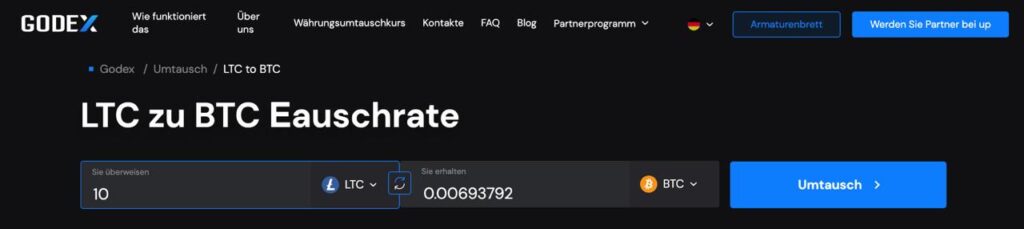 Screenshot der Godex-LTC-zu-BTC-Tauschoberfläche mit Litecoin-Eingabefeld, geschätzter Bitcoin-Ausgabe und Exchange-Schaltfläche für einen Wallet-zu-Wallet-Kryptowährungs-Swap.