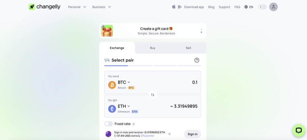 Changelly homepage exchange widget, captured July 2026.
