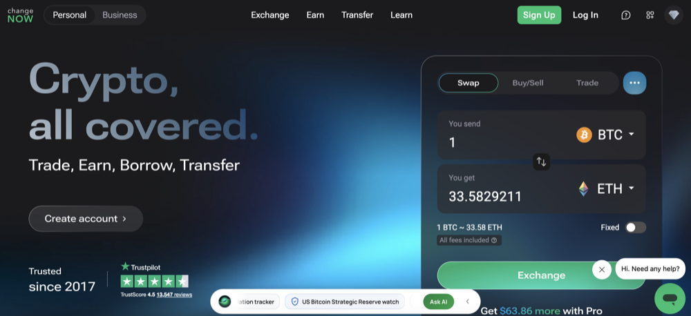 ChangeNOW homepage swap widget, captured July 2026.