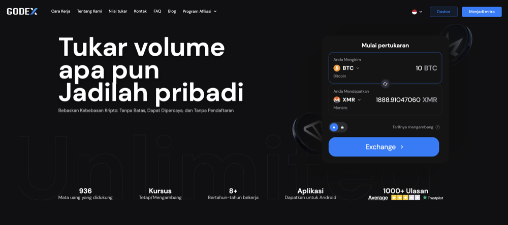 Godex's Indonesian homepage (godex.io/id) with the swap widget, captured July 2026 — no registration, 936 currencies.