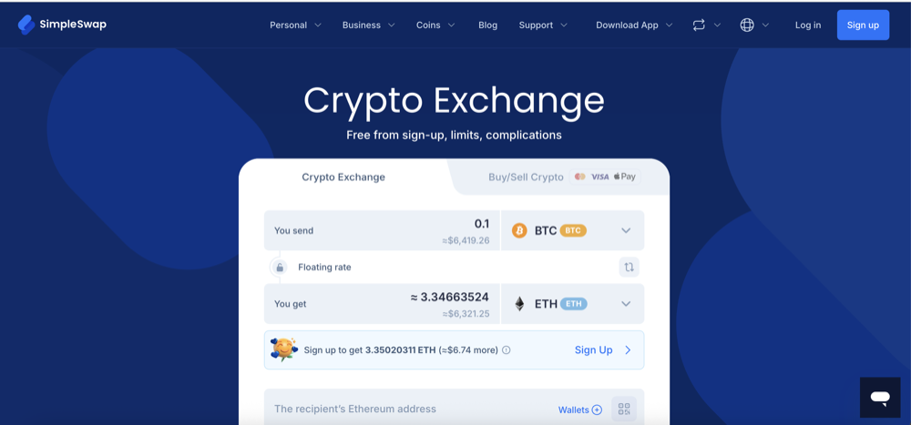 SimpleSwap homepage exchange widget, captured July 2026.