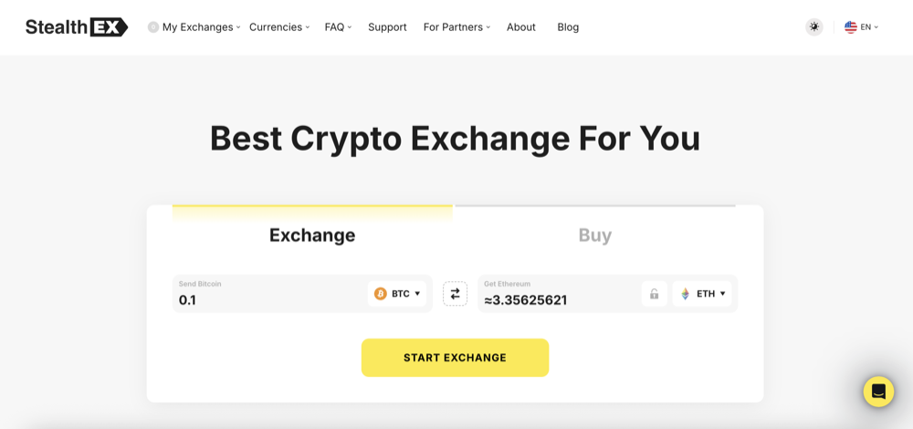 StealthEX homepage exchange widget, captured July 2026.